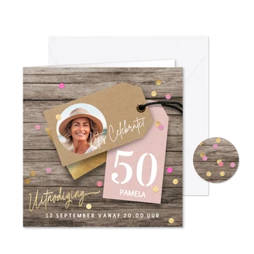 Verjaardag uitnodiging vrouw foto labels hout
